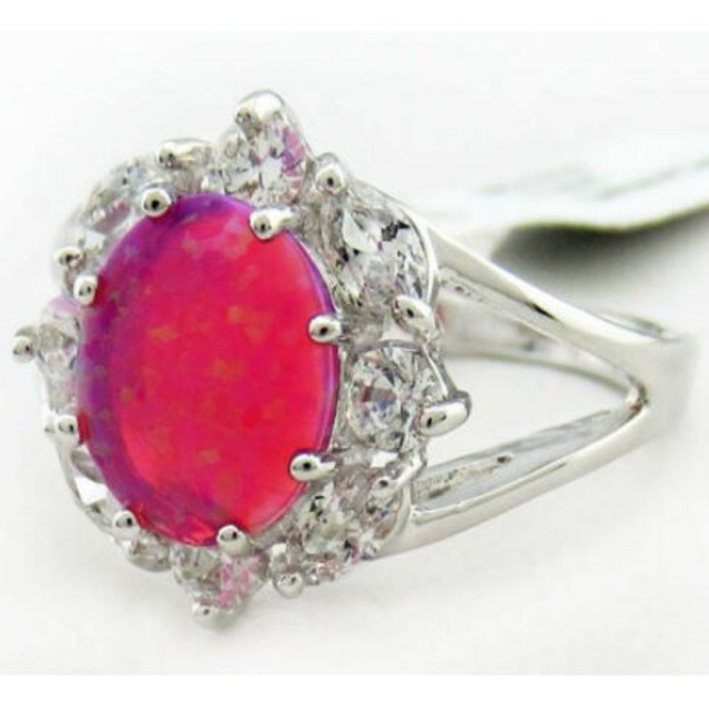 OPAL & WHITE SAPPHIRE RING SILVER PLATED - Picture 2 of 6